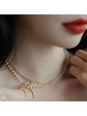 Gold Bow & Pearl Double Strand Layered Necklace 18K Gold Plated Delicate Elegant